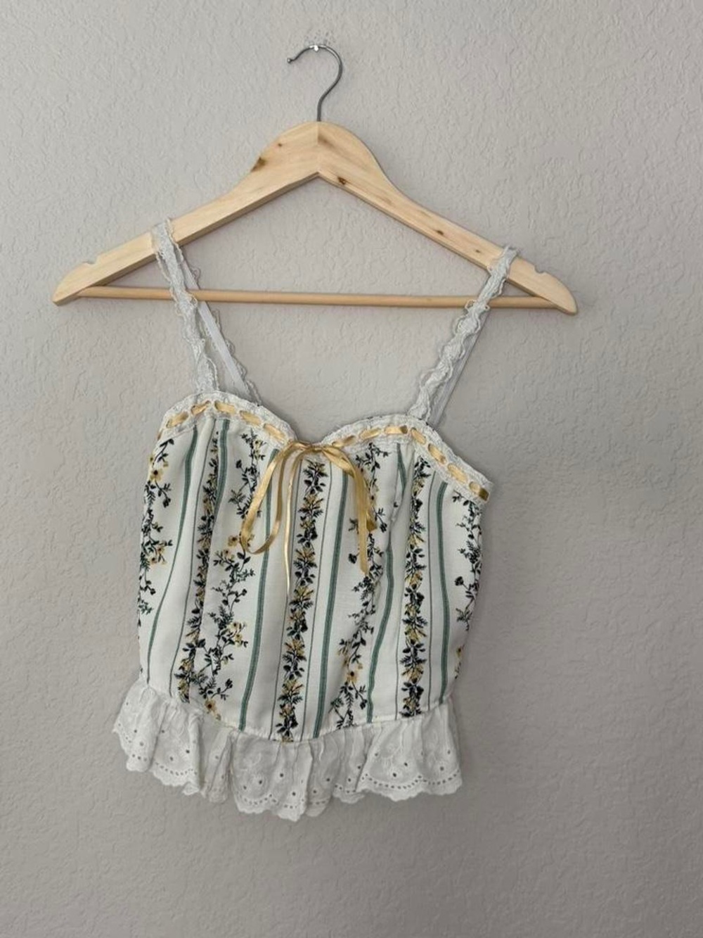 White Floral Striped Lace-Trim Cami Top with Yellow Accents